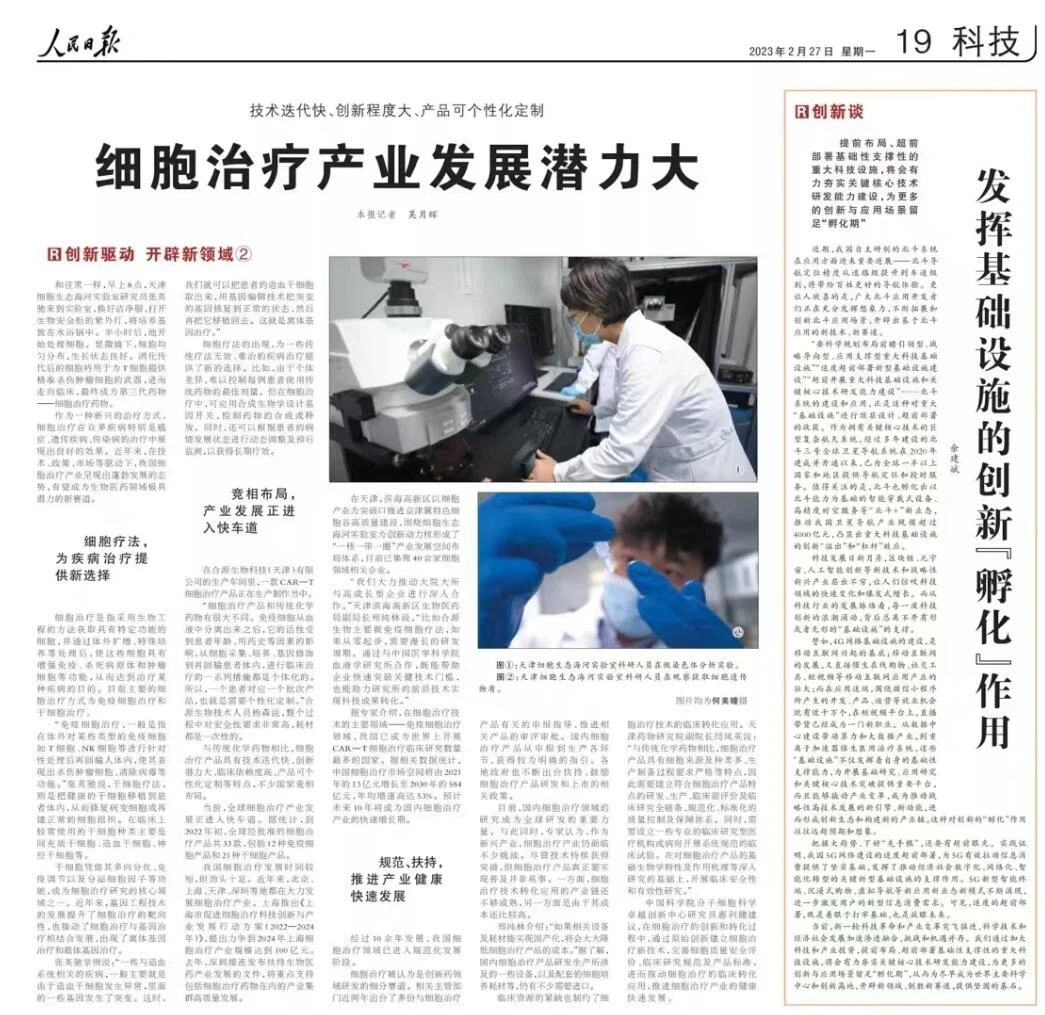 刚刚！《人民日报》发文：细胞治疗产业发展潜力大